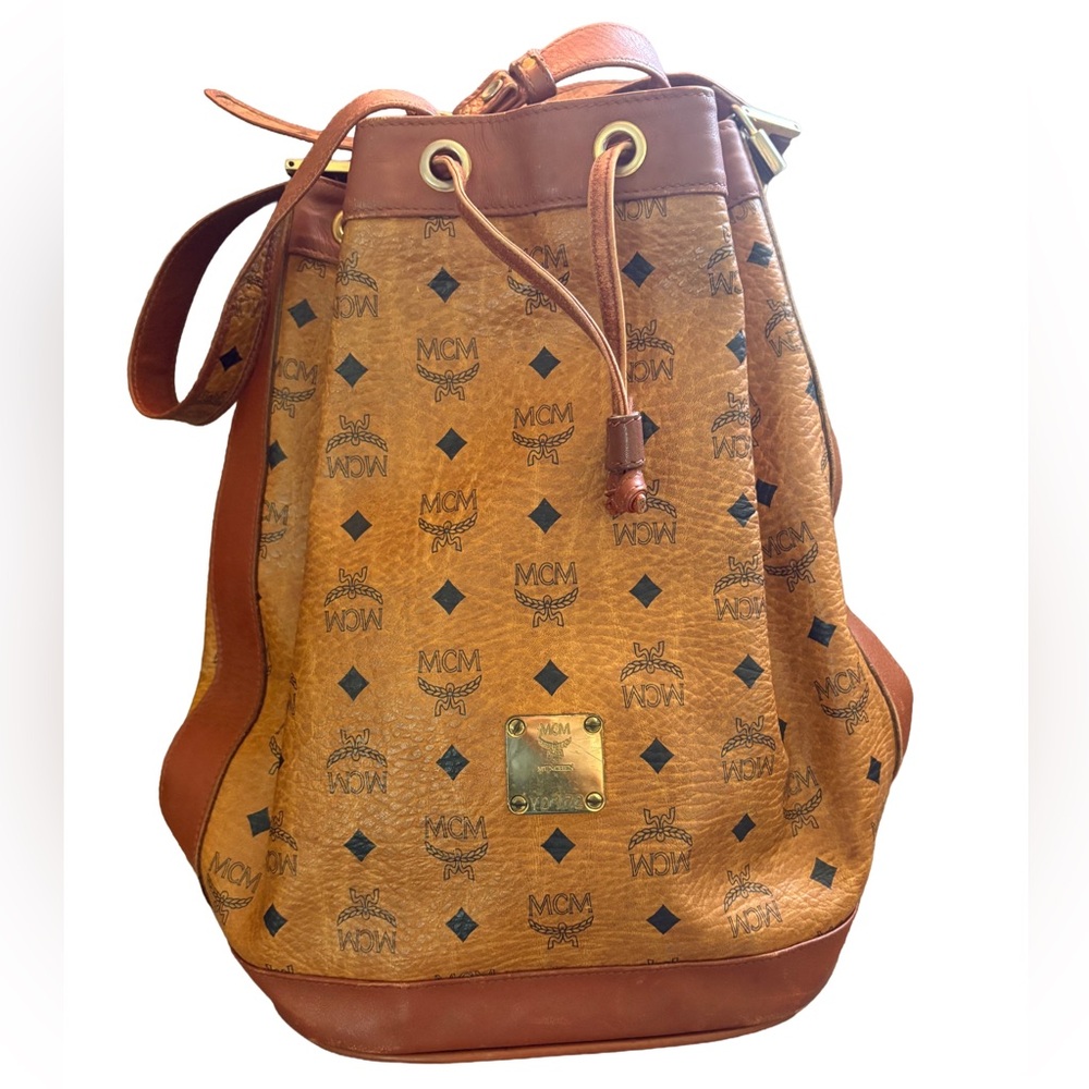 MCM Visetos Cognac Drawstring Bucket Bag